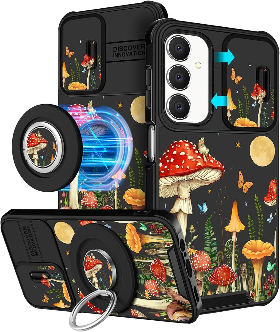 Funermei for Samsung Galaxy A25 5G Phone Case - [2in1] Women Girls Cute Phone Cover Girly Pretty Mushroom Design Camera Cover Compatible with MagSafe Ring Holder Stand for Samsung A25 5G Cases 6.5