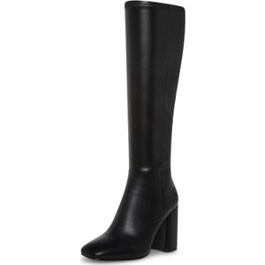 SOVANYOU Women's Faux Leather Tall Boots Fashion Square Toe Chunky Heel Knee High Boots with Side Zip (6, Black)