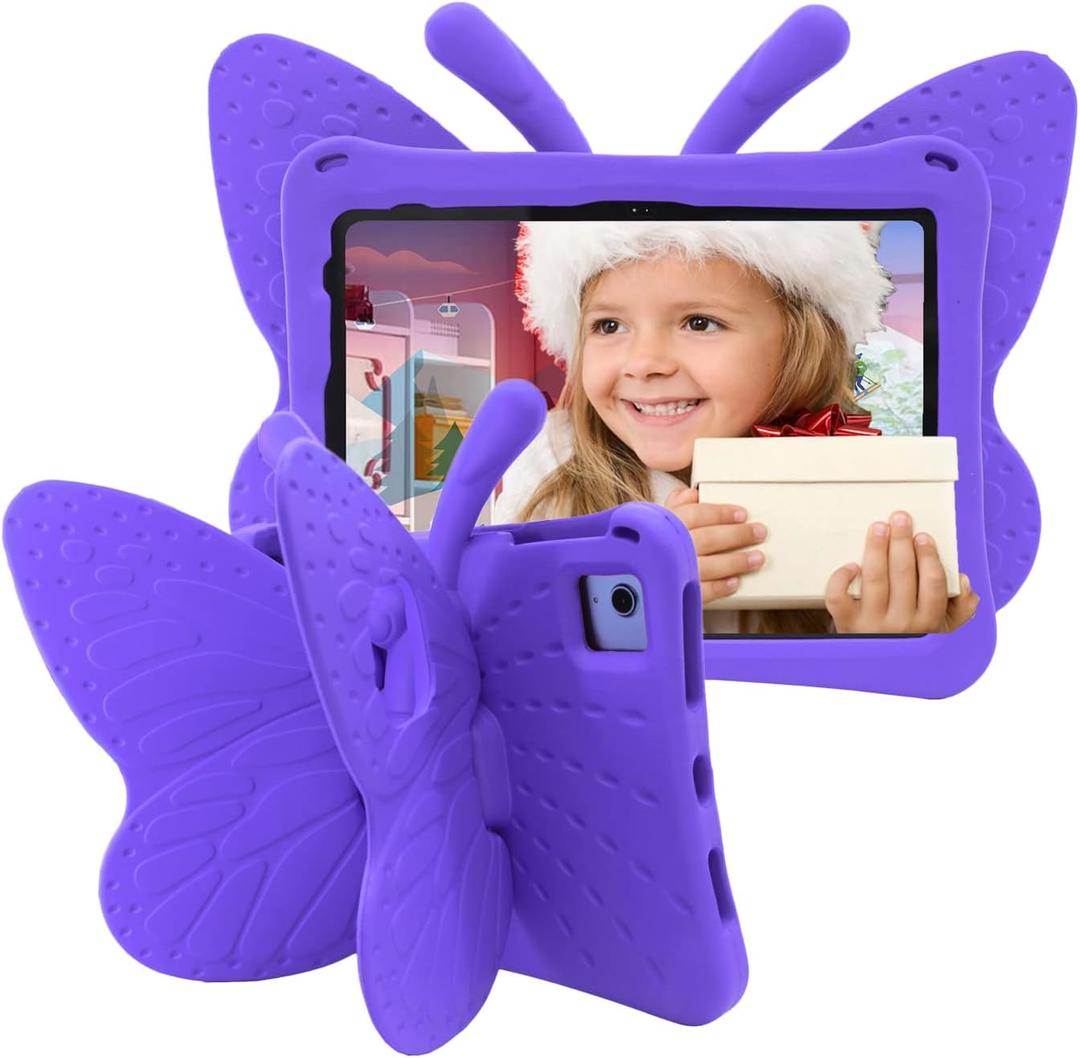 Cute Butterfly Kids Case for Apple iPad (A16) 11th Generation 11 Inch (2025), iPad 10th Generation 10.9 Inch (2022), 3D Cartoon EVA Foam Shockproof Stand Cover for Girls - Purple