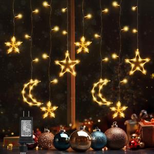 Christmas Lights, 11.48FT Curtain String Lights with 8 Light Modes, Star Moon Indoor Outdoor Fairytale String Lights for Bedroom, Window, Wall, Home, Ramadan, Christmas Decoration - Warm White