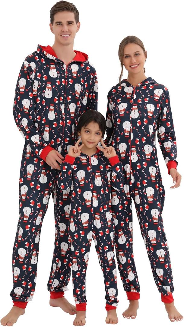 Matching Christmas Onesie Pajamas for Family/Couples, Cute Printed One-piece Pjs, Xmas Holiday Adult Hooded Sleepwear (Kids 6-8, Snowman)