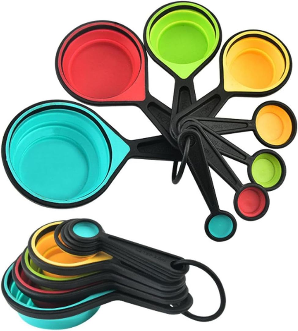 Collapsible Measuring Cups and Spoons Set, 8 Pieces, Silicone, Adjustable for Kitchen, Camping