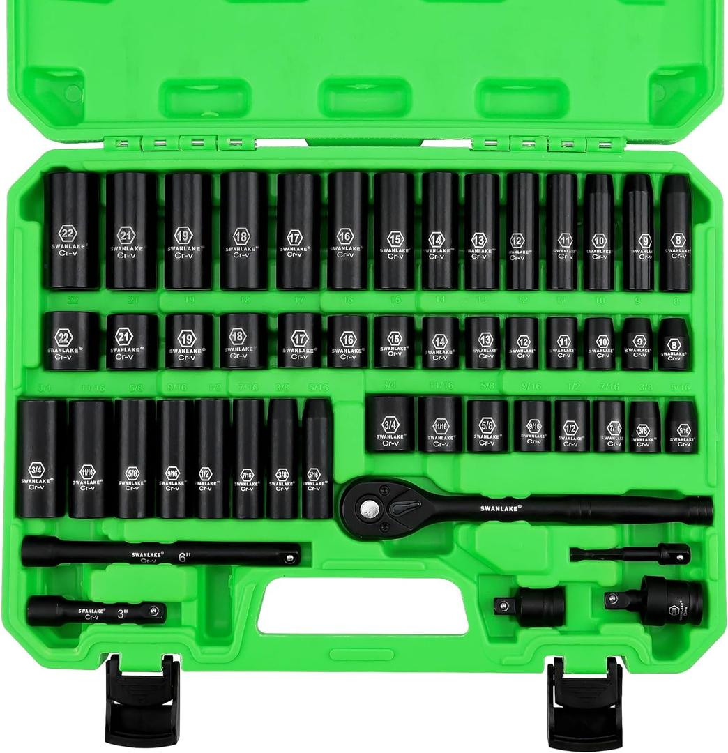 SWANLAKE 3/8'' Drive Impact Socket Set, 50-Piece Standard SAE (5/16 to 3/4 inch) and Metric (8-22mm) Size, 6 Point, Cr-V, 3/8-Inch Ratchet Handle, Extension Bar, Universal Joint