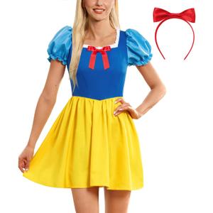 Women Halloween SNO White Cosplay Dress with Puff Sleeves Red Hairband Fairytale Snow Wite Party Costume XS