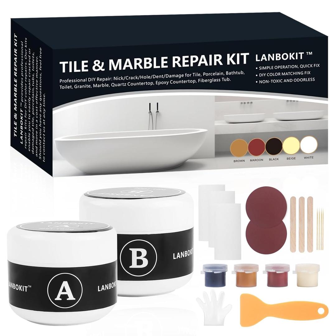 LANBOKIT Tile, Granite and Marble Repair Kit(Color Match), 3.7 OZ Tub and Fiberglass Shower Repair Kit with Strong Adhesion, Porcelain Stone Repair Kit for Cracks, Holes, Chips, Scratches, Dents