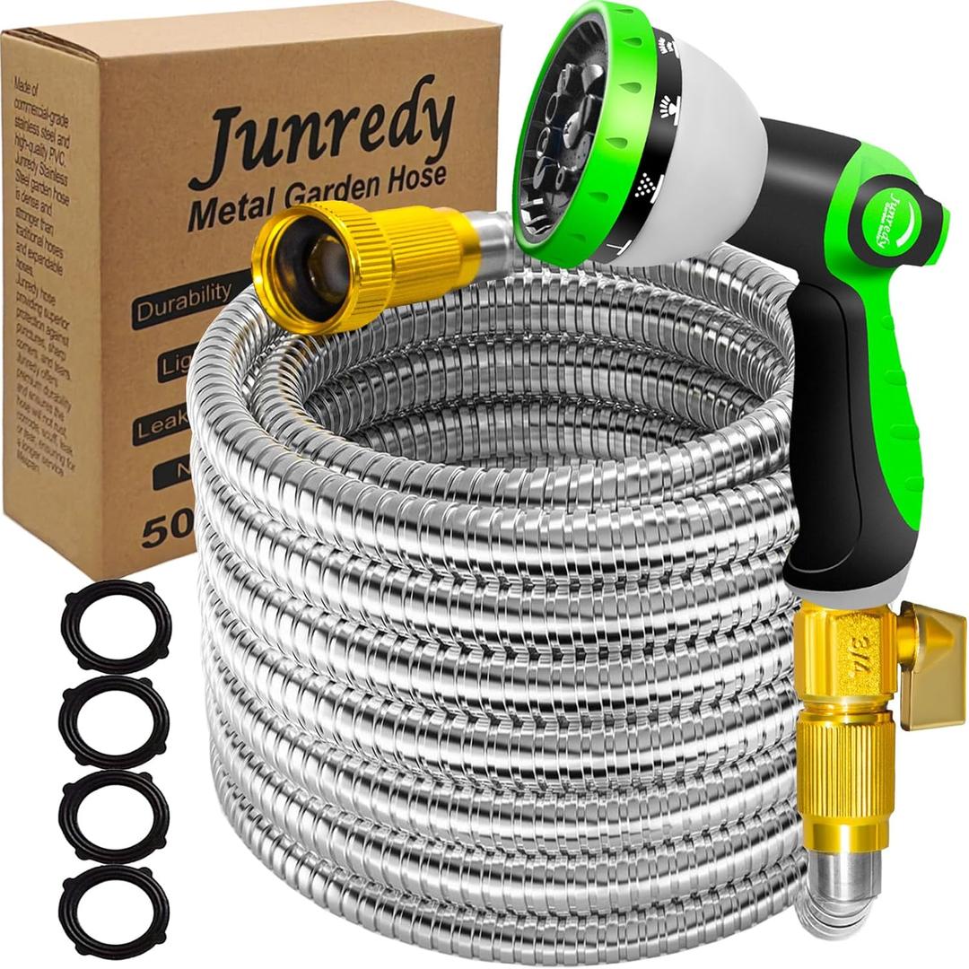 50FT Garden Hose Stainless Steel, Heavy Duty Flexible Metal Water Hose with 10-Function Nozzle, Lightweight & No-Kink Garden Hose, Durable Solid Fittings for Lawn, Car, RV, Outdoor Watering (Silver)