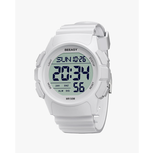 eeasy Men Digital Sports Watch,Waterproof Watch with Stopwatch Countdown Timer Alarm Function Dual Time Rubber Strap Wrist Watch for Men/Student, White 