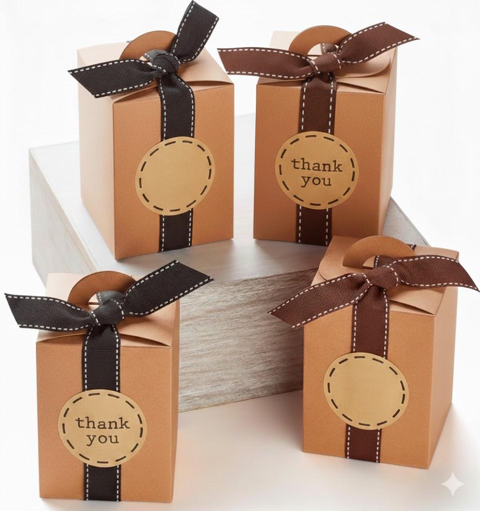 Small Gift Boxes with Ribbons & Stickers (20 Pack) 4.7” x 3.5” Brown Kraft Treat Boxes for Christmas Cookies, Candy, Decorative Candle Packaging, Jars, Mugs, Bulk, Rustic, Fall Thank You Favors Empty