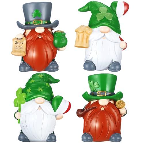 Wenqik 4 Pcs St Patricks Day Gnomes Decor Resin Lucky Leprechaun Shamrock Gnome Figurines Swedish Tomte Gnomes Irish Decor Tiered Tray Collectible Tabletop Decorations for Home Kitchen Office