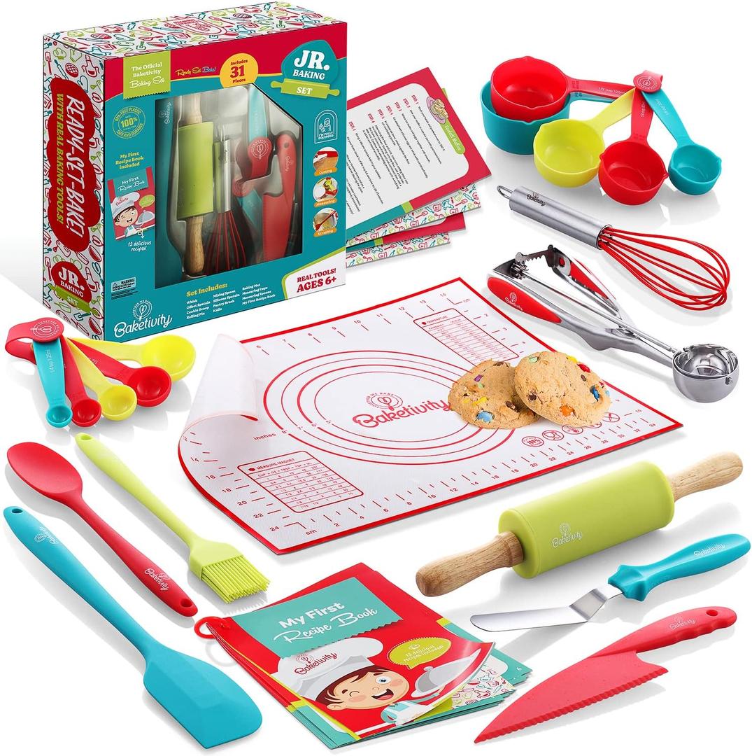 Baketivity 31-Piece Kids Baking Tools Set  Real Cooking Utensils for Children  Safe, Durable, and Fun Kitchen Accessories  Gift for Young Chefs