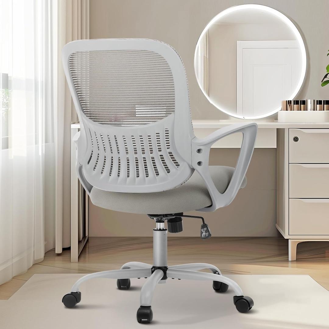 Office Computer Desk Managerial Executive Chair, Ergonomic Mid-Back Mesh Swivel Rolling Work with Wheels, Comfortable Lumbar Support, Comfy Arms for Home, Bedroom, Study, Student, Black (Grey)
