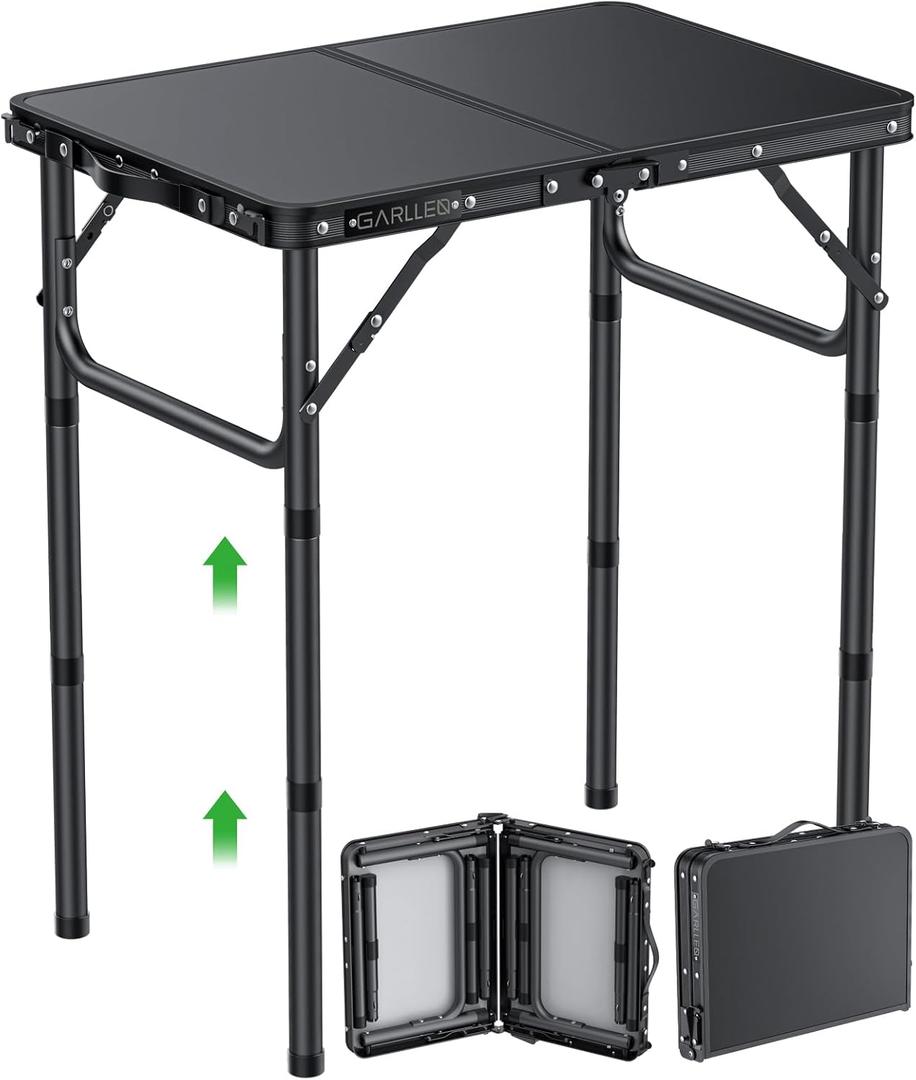 GARLLEN 2ft Folding Camping Table, 3 Adjustable Height Lightweight Folded Picnic Table, Portable Aluminum Grill Table for Camping, BBQ, Outdoor, 22.8" L x 15.7" W, Black
