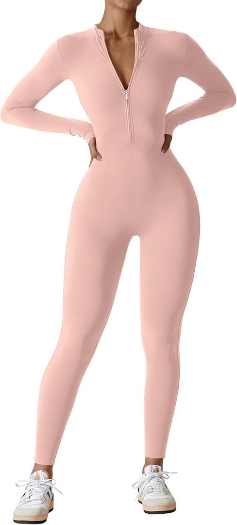 YEOREO Women Long Sleeve Workout Jumpsuit Zip Up Romper Bottom Pants Bodysuit Bodycon Sexy One Piece (Medium, Pink)