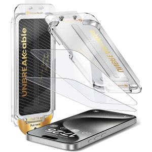 UNBREAKcable Screen Protector for iPhone 15 Pro, Pull-To-Protect Easy Installation, Auto Dust-Elimination, 9H+ Military-Grade Tempered Glass, Bubble-Free, Case Friendly, HD Clear, 6.1 Inch, 2 Pack