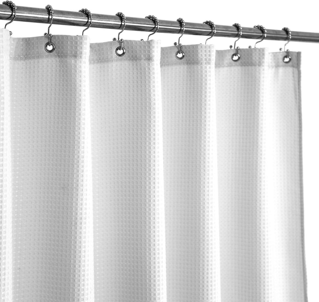 Barossa Design Short Shower Curtain with 66 inch Length Fabric, Waffle Weave, Hotel Luxury Spa, Water Repellent, Machine Washable, 230 GSM White Pique Pattern for Decorative Bathroom Curtain