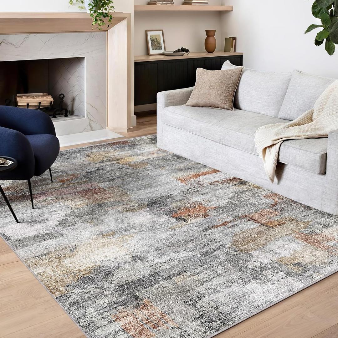Vivorug Washable Rug, Ultra Soft Area Rug 8x10, Non Slip Abstract Rug Carpet, Stain Resistant Rugs for Living Room Bedroom, Modern Fluffy Rug (Gray/Rust, 8'x10') (Colorful/ Multi)