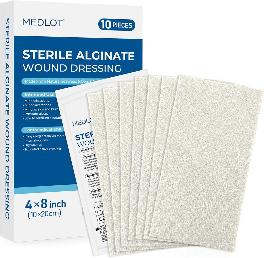LotFancy Calcium Alginate Wound Dressing, 4x8 Patches, 10 Count, Sterile Non-Stick Padding, Highly Absorbent Wound Dressings Pads for Emergency Care, Fast Healing