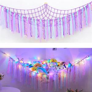 Stuffed Animal Net Stuffed Animal Storage Hammock with LED Lights Colorful Tassels Hammock Hanging Stuffed Toy Storage Organizer Holder for Nursery Play Room Kids Bedroom(Purple)