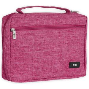 Christian Art Gifts Polyester Bible Cover for Men & Women w/Jesus Fish Patch, Secure Zipper Pocket, Pen Loops, Easy Carry Book Case for Stationery, Accessories, Pink, XL  