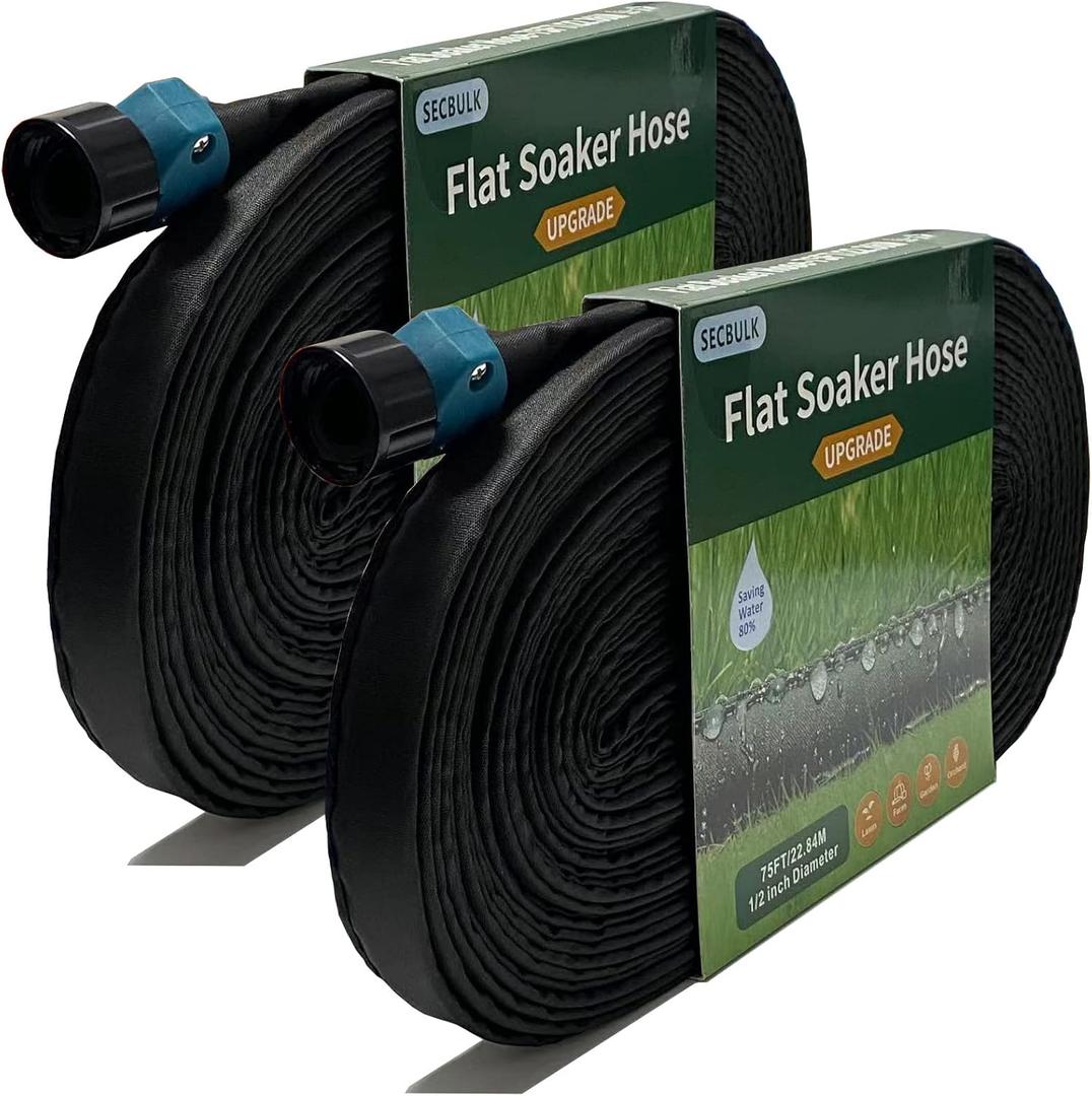 Secbulk 2025 Flat Soaker Hose 150 ft for Garden, 150' (75ft x 2) Linkable Drip Hose Diy Garden Irrigation System Saving 80% Water, Dual-layer Leak-free Design Water Hose with Holes