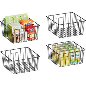 Metal Wire Basket Foldable Set of 4, Metal Bins for Organizing with PVC Sheet, 10.5x10.5in Wire Pantry Baskets Freezer Organizer Bins for Kitchen Closet BathroomBlack