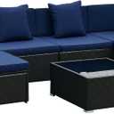 Outsunny 7-Piece Patio Furniture Sets Outdoor Wicker Conversation Sets All Weather PE Rattan Sectional Sofa Set with Cushions & Tempered Glass Desktop, Dark Blue (Dark Brown and Light Blue)