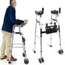 Foldable Stand Up Walker with Armrest Pad - Height Adjustable Aluminum Dual-Wheel Walker, Standard Walkers for Seniors, Elderly, Platform Walkers with Arm Support, Standing Upright Walkers, Silver
