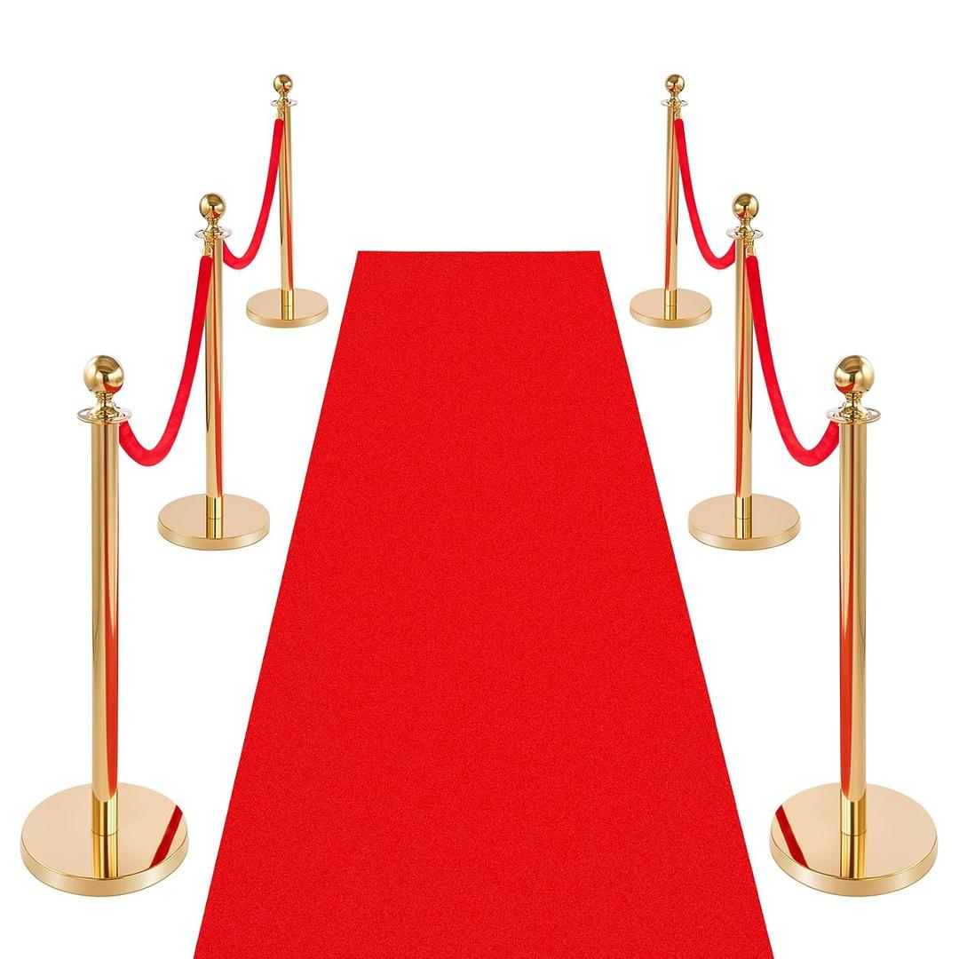 VEVOR Stanchions and Velvet Ropes 6Pcs, Hollow Base with Stainless Steel Post & 26.25ft Carpet, 4 Red Velvet Ropes, Crowd Control Barriers Gold Stanchions, Red Carpet Runner Poles for Party Supplies