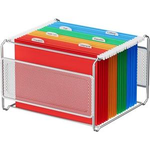 MaxGear Mesh Hanging File Organizer Box, Letter Size File Storage Box with Smooth Rails, Desktop Metal Filing Holder for Hanging Folders, Office File Organizer for Desk, Silver