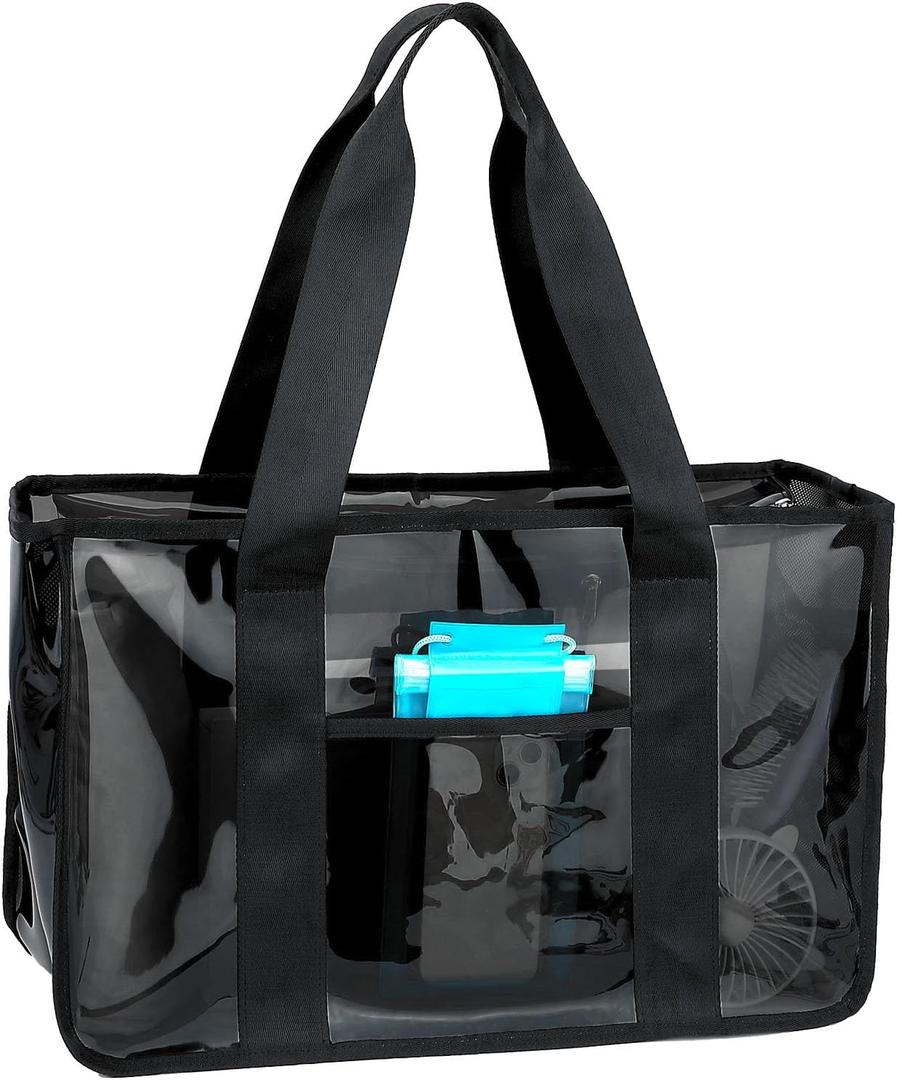 Iridescent Clear Beach Bag for Women, Large Pool Tote Cruise Vacation Essentials - Waterproof, Zipper Closure (Large - Jelly Black)