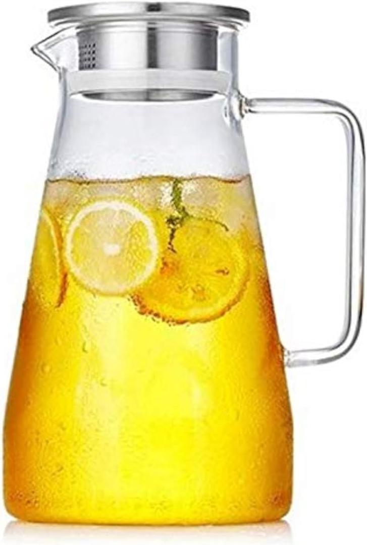 Hwagui - Large Heat Resistant Glass Pitcher with Stainless Steel Lid, Water Carafe with Handle, Good Beverage Pitcher for Homemade Juice and Iced Tea, 1800ml/61oz