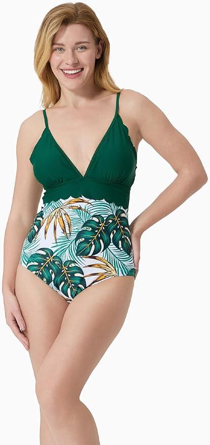 PATPAT Swimsuit One Piece Leaves Printed V Neck Bathing Suits (X-Large)