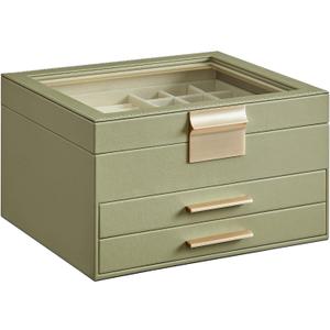 SONGMICS GISELLA Collection - Jewelry Box Organizer, 3-Layer Jewelry Storage with 2 Drawers, Shiny Metal Hardware, Glass Lid, Modern, 8 x 9.1 x 5.3 Inches, Avocado Green and Gold Color UJBC239C02