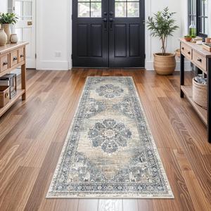 2x6 Hallway Runner Rug Washable: Soft Kitchen Rug Non Slip Runner with Rubber Backing for Living Room Bedroom Bathroom Non Shedding Farmhouse Carpet Runners (Blue, 2X6)