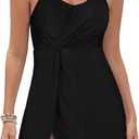 SHEKINI Women's V Neck Twist Ruched Swim Skirt Tummy Control One Piece Swimdress (Black, M)