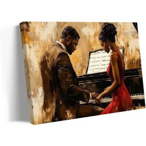 QIXIANG Black Jazz Music Wall Art African American Canvas Prints Black Couple Playing the Piano Pictures Musical Instruments Painting Decor Frame(Brown,16L x 24W)