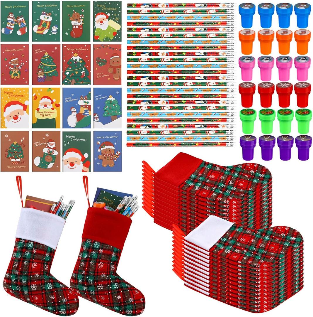 96 Pcs Christmas Stationery Party Favors Xmas Bulk Gifts Stuffers Includes Small Christmas Stockings Pencils with Erasers Stampers Notebook for Xmas Gift Exchange Prize