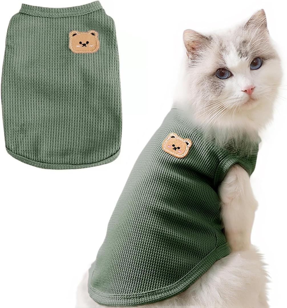Waffle Knit Cat & Dog T Shirt for Small Dogs, Stretchable Puppy Shirt for Sphynx Cats & Small Breeds, Pet Clothes | Breathable Summer/Winter Apparel for Newborn(Green XLarge)