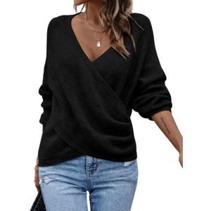 Verdusa Women's Fall Sweaters Wrap Long Sleeve Knit Cozy Sweater V Neck Airport Outfits (Large, Black)