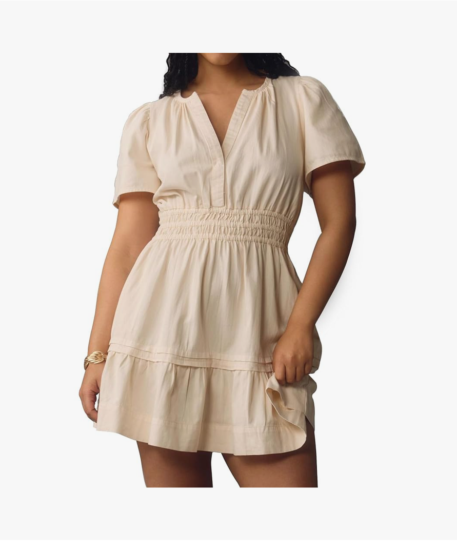 Womens Summer Tiered Mini Silhouette Dress V-Neck Short Sleeve Apricot Sundress Flowy Swing A-Line Casual Dress, S