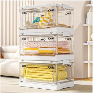 CTSNSLH 144QT Clear View Stackable Storage Bins with Lids, Collapsible Storage Bins with Doors and Wheels, Large Closet Organizers and Storage for Home, Dorm(48QT*3)