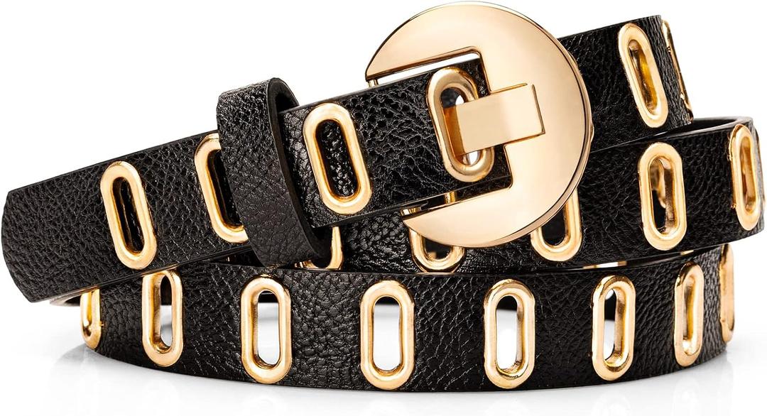 Studded Belts for Women,Skinny Leather Punk Belt for Dresses,Jeans and Pants (Black)