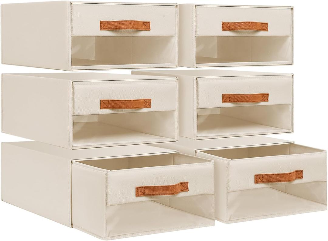 DIMJ Closet Organizers and Storage - Foldable Storage Bins with Drawers Fabric Stackable Storage Drawers with Clear Window,Fabric Clothes Organizers and Storage Drawers for Closet, 6-Pack, Beige