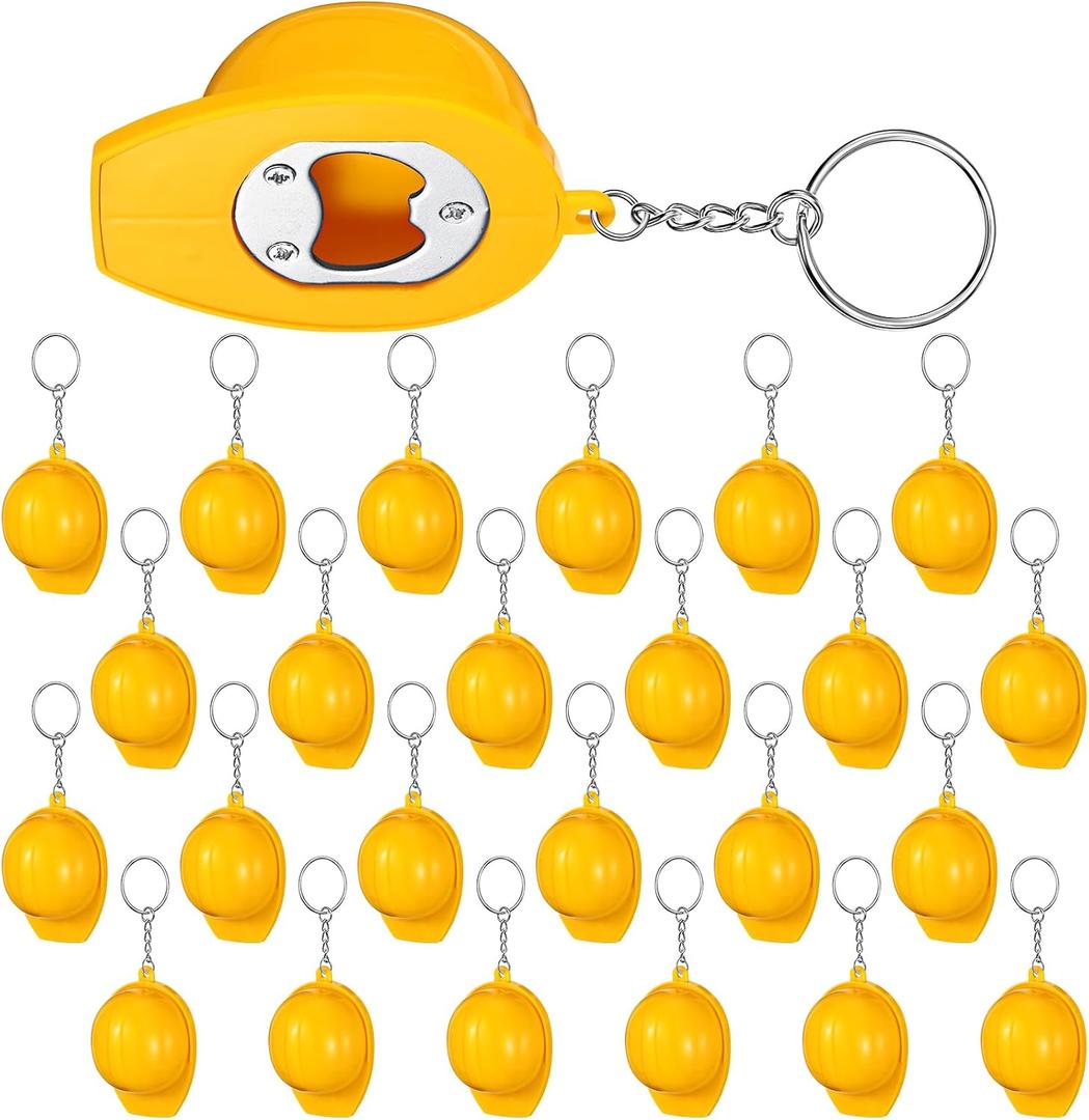 24 Pcs Construction Party Favors Mini Bottle Opener Keychain Construction Helmet Keychain for Birthday Christmas Party Gifts Supplies, Yellow