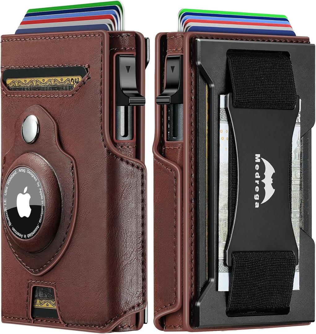 Smart Apple Air tag Wallet: RFID Leather Pop up Card Wallet with Airtag Holder - Gift for Man Husband at Anniversay Brithday (Leather Brown J7)