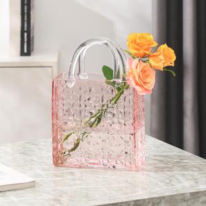 Purse Vase, Glass Bag Vase, Glass Purse Vase for Flowers, Pink Vases, 12 Inch Large Flower Vase with Embossed Pattern for Wedding, Living Room, Bedroom, Table, Office(Tote)
