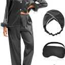 EPLAZA 2 Pcs Silk Pajamas for Women Satin Pajama Set Feather Trim Long Sleeve Button-Down Pj Set Lounge Sleepwear with Pocket (Medium, Black)