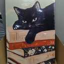Framed Black Cat Canvas Wall Art, Funny Cat lying on a pile of books Painting, Abstract Animal Posters Prints Wall Decor for Living Room Bathroom Gallery Dining Room Decor 16x24 inch