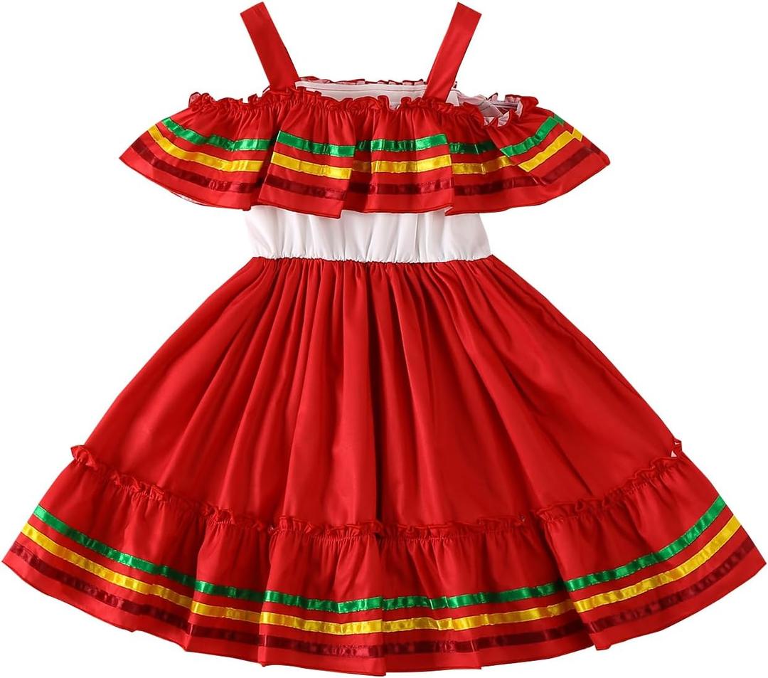 Toddler Girls Mexican Dress Cinco de Mayo Ethnic Dress (Red, 3T)