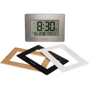 AcuRite Wireless Digital Wall/Tabletop Clock with 4 Interchangeable Plastic Frames - Stainless Steel, Bamboo, Matte Black, and Matte White  with Date, Indoor Temperature, and Moon Phase (75439)